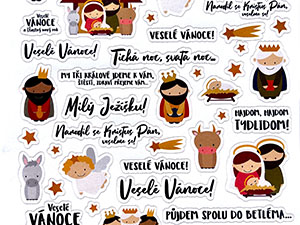 2. vánoční tvarované papírové samolepky “Betlém” s českými texty a motivem klasických Vánoc na archu A5.