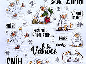 3. vánoční tvarované papírové samolepky “Bílé Vánoce a YETII ZIMA” s českými texty a netradičním motivem vánočního Yetiho.
